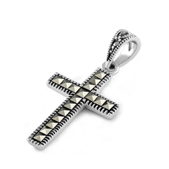 Sterling Silver Marcasite Cross Necklace Pendant New - Picture 1 of 3